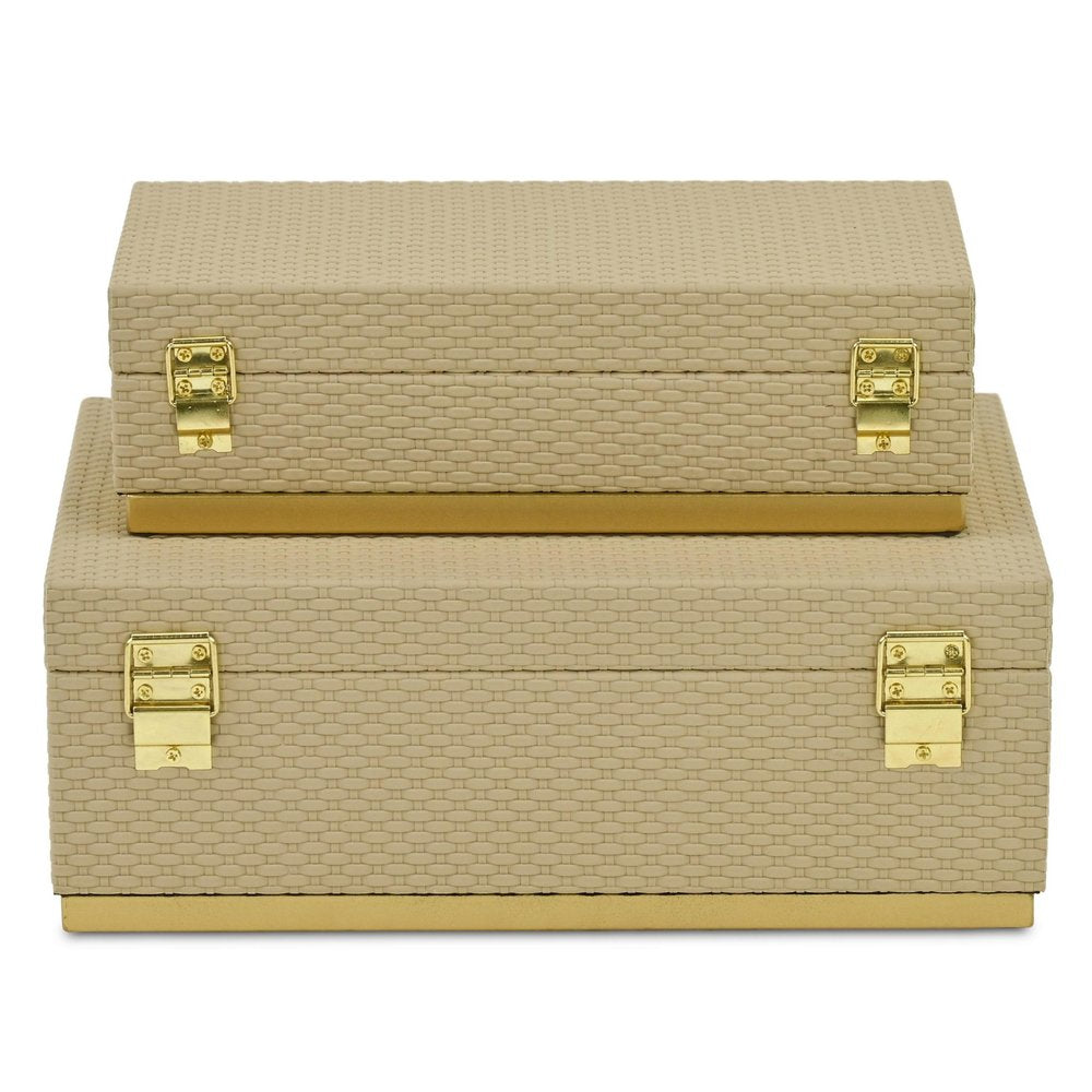 Set of Two Taupe And Gold Nesting Decorative Storage Boxes With Lids HomeRoots