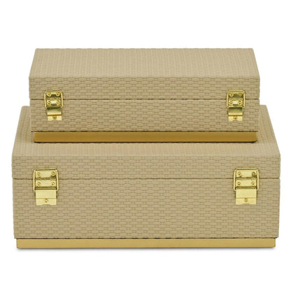 Set of Two Taupe And Gold Nesting Decorative Storage Boxes With Lids HomeRoots