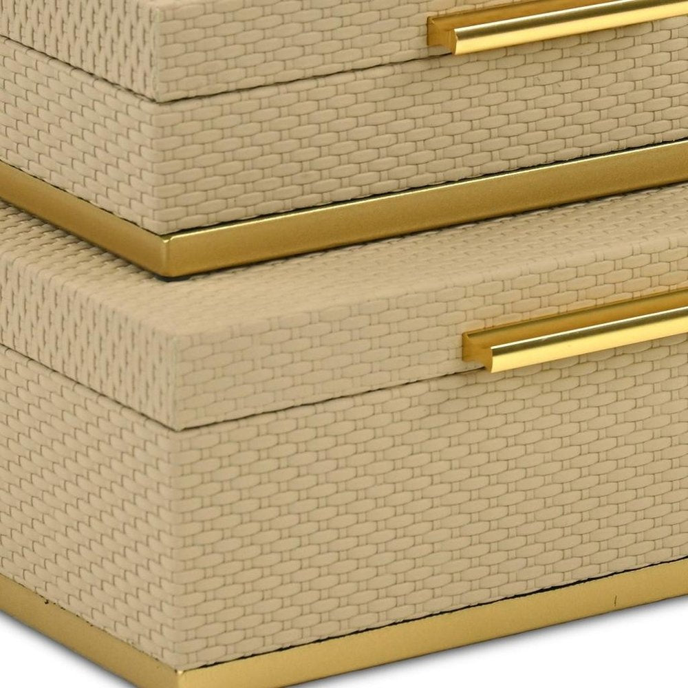 Set of Two Taupe And Gold Nesting Decorative Storage Boxes With Lids HomeRoots