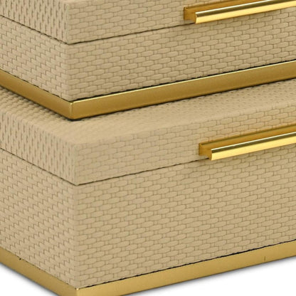 Set of Two Taupe And Gold Nesting Decorative Storage Boxes With Lids HomeRoots