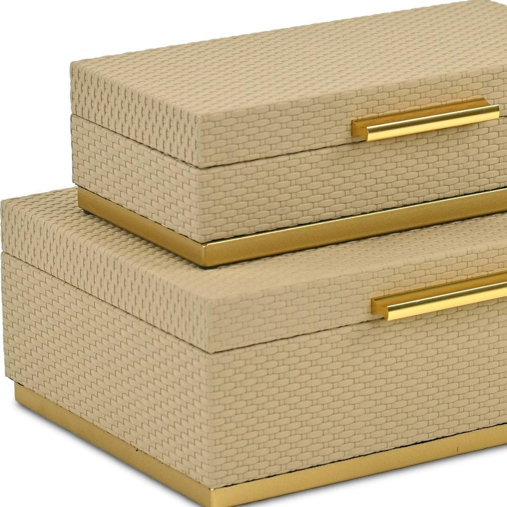 Set of Two Taupe And Gold Nesting Decorative Storage Boxes With Lids HomeRoots