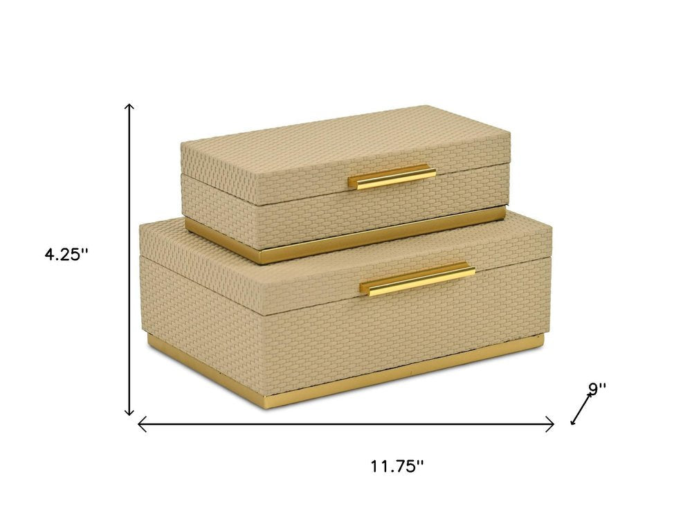 Set of Two Taupe And Gold Nesting Decorative Storage Boxes With Lids HomeRoots
