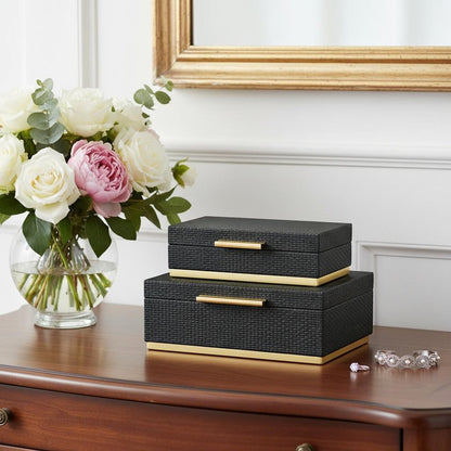 Set of Two Black And Gold Nesting Decorative Storage Boxes With Lids HomeRoots