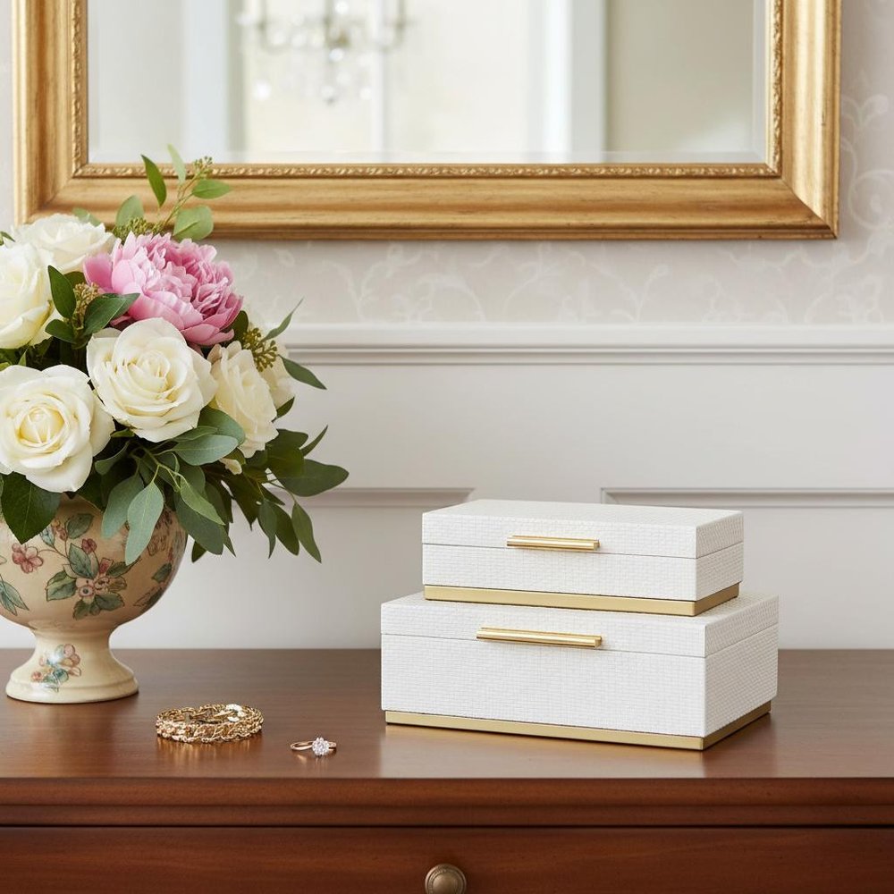 Set of Two White And Gold Nesting Decorative Storage Boxes With Lids HomeRoots