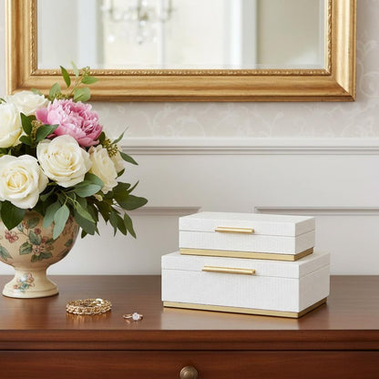 Set of Two White And Gold Nesting Decorative Storage Boxes With Lids HomeRoots