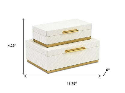 Set of Two White And Gold Nesting Decorative Storage Boxes With Lids HomeRoots