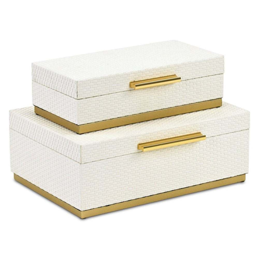 Set of Two White And Gold Nesting Decorative Storage Boxes With Lids HomeRoots