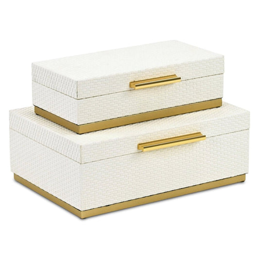 Set of Two White And Gold Nesting Decorative Storage Boxes With Lids HomeRoots
