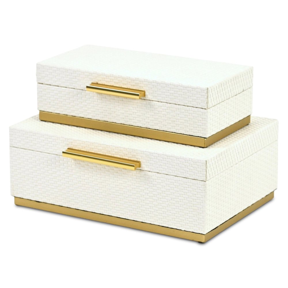 Set of Two White And Gold Nesting Decorative Storage Boxes With Lids HomeRoots