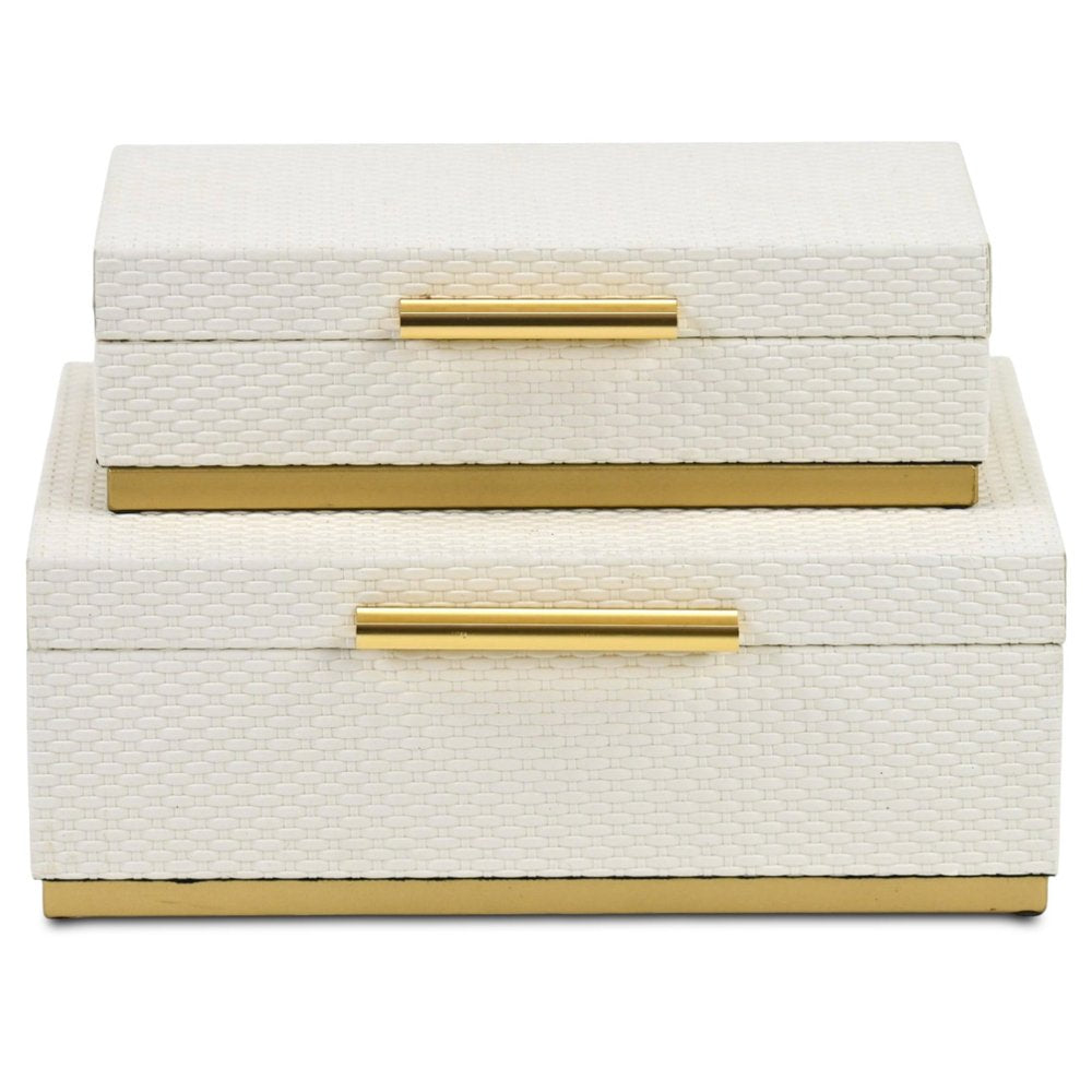 Set of Two White And Gold Nesting Decorative Storage Boxes With Lids HomeRoots