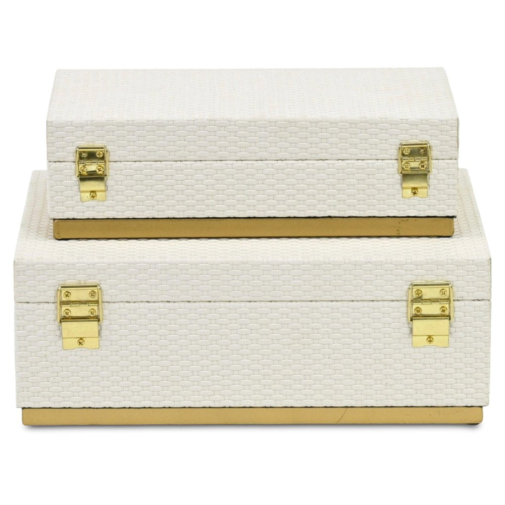 Set of Two White And Gold Nesting Decorative Storage Boxes With Lids HomeRoots