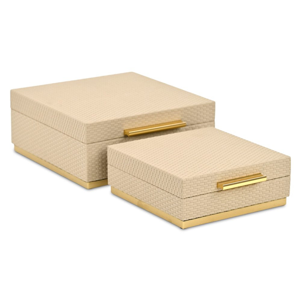 Set of Two Taupe And Gold Square Nesting Decorative Storage Boxes With Lids HomeRoots