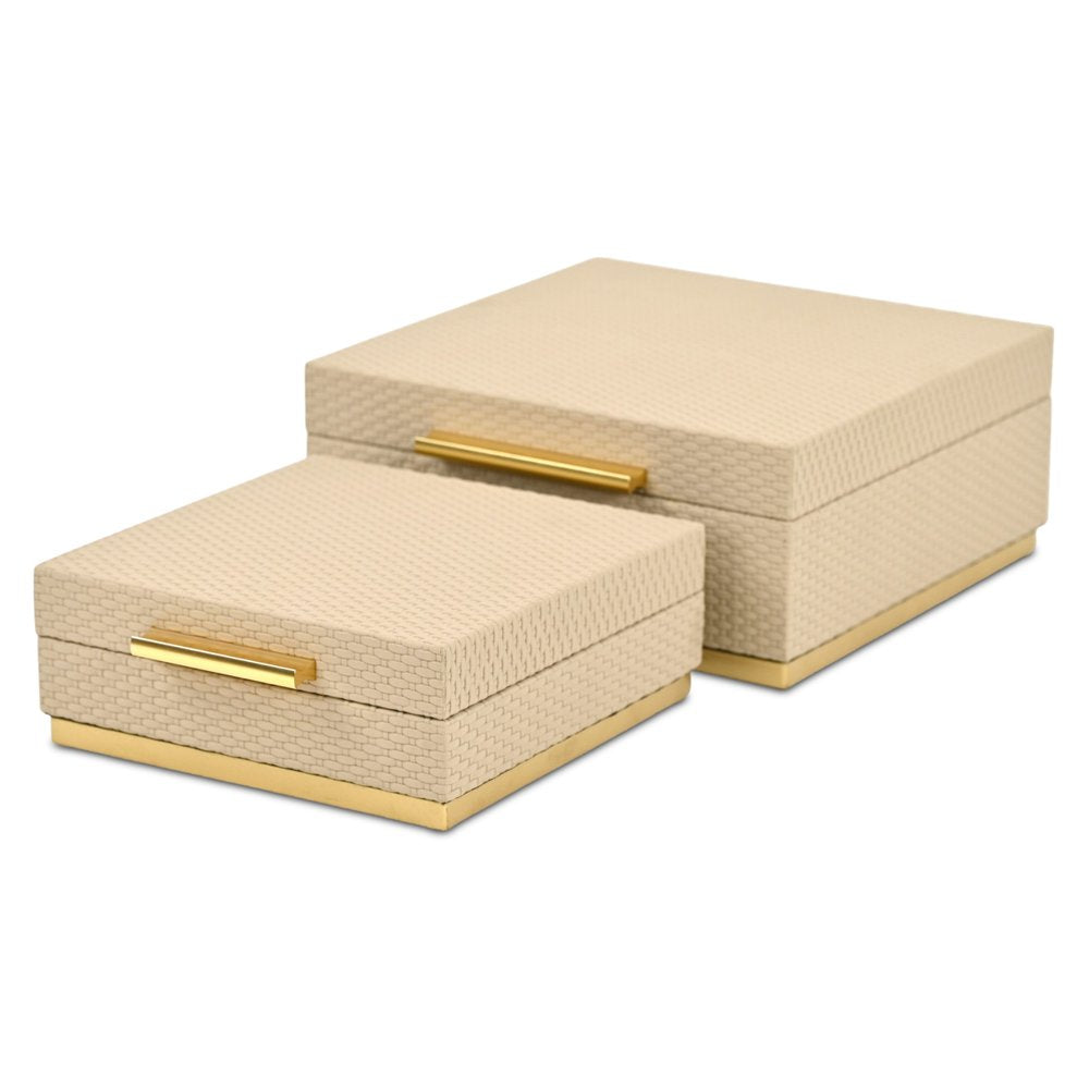 Set of Two Taupe And Gold Square Nesting Decorative Storage Boxes With Lids HomeRoots