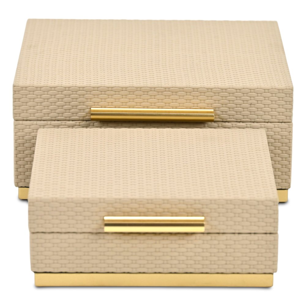 Set of Two Taupe And Gold Square Nesting Decorative Storage Boxes With Lids HomeRoots