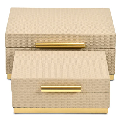 Set of Two Taupe And Gold Square Nesting Decorative Storage Boxes With Lids HomeRoots