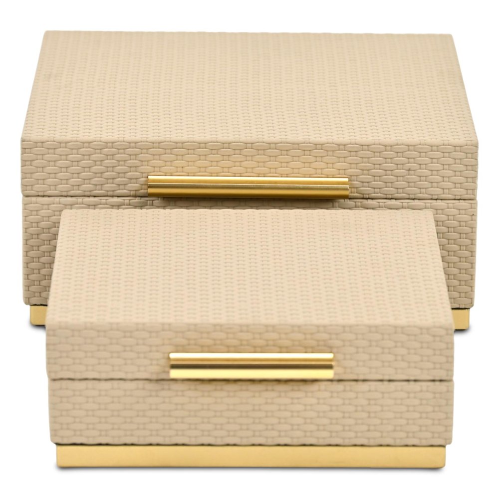 Set of Two Taupe And Gold Square Nesting Decorative Storage Boxes With Lids HomeRoots