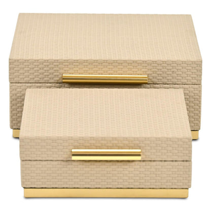 Set of Two Taupe And Gold Square Nesting Decorative Storage Boxes With Lids HomeRoots