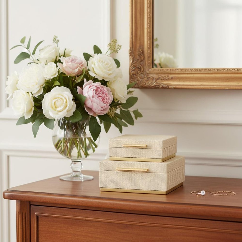 Set of Two Taupe And Gold Square Nesting Decorative Storage Boxes With Lids HomeRoots