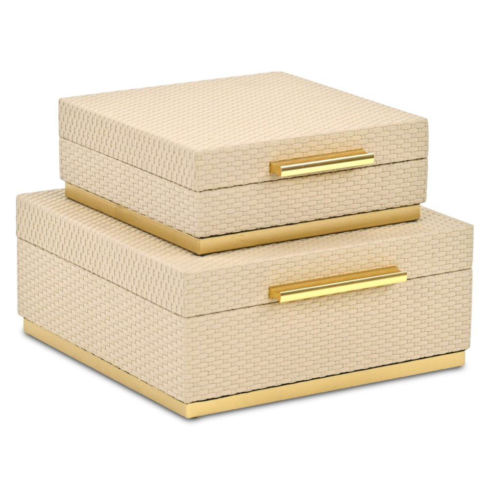 Set of Two Taupe And Gold Square Nesting Decorative Storage Boxes With Lids HomeRoots