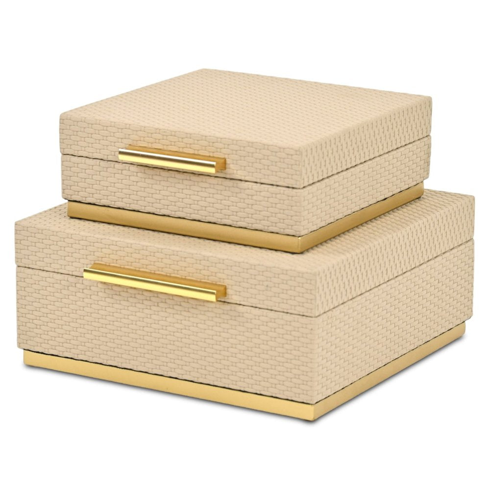 Set of Two Taupe And Gold Square Nesting Decorative Storage Boxes With Lids HomeRoots