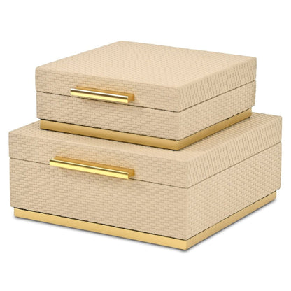 Set of Two Taupe And Gold Square Nesting Decorative Storage Boxes With Lids HomeRoots