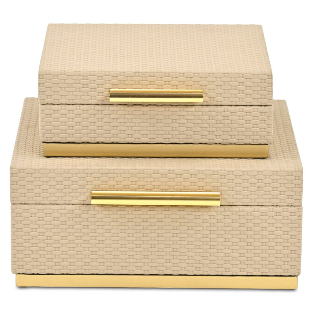 Set of Two Taupe And Gold Square Nesting Decorative Storage Boxes With Lids HomeRoots
