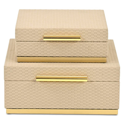 Set of Two Taupe And Gold Square Nesting Decorative Storage Boxes With Lids HomeRoots