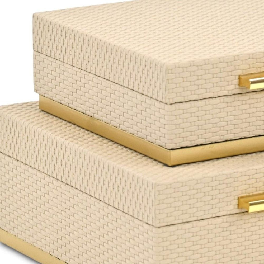 Set of Two Taupe And Gold Square Nesting Decorative Storage Boxes With Lids HomeRoots