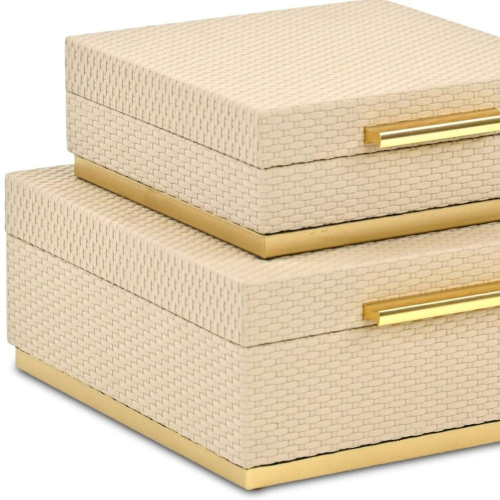 Set of Two Taupe And Gold Square Nesting Decorative Storage Boxes With Lids HomeRoots