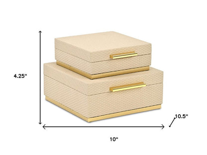 Set of Two Taupe And Gold Square Nesting Decorative Storage Boxes With Lids HomeRoots