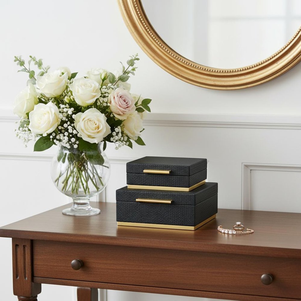 Set of Two Black And Gold Square Nesting Decorative Storage Boxes With Lids — view 9