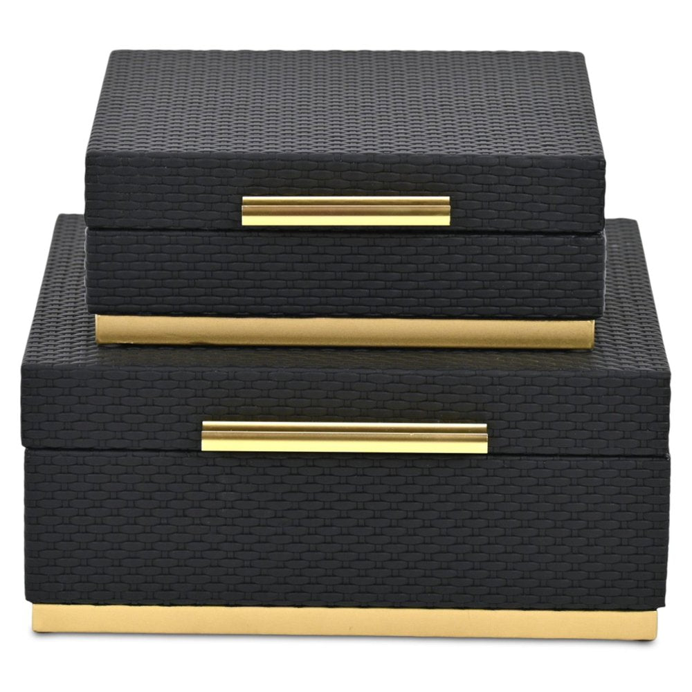 Set of Two Black And Gold Square Nesting Decorative Storage Boxes With Lids HomeRoots