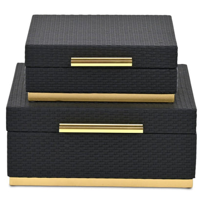 Set of Two Black And Gold Square Nesting Decorative Storage Boxes With Lids HomeRoots
