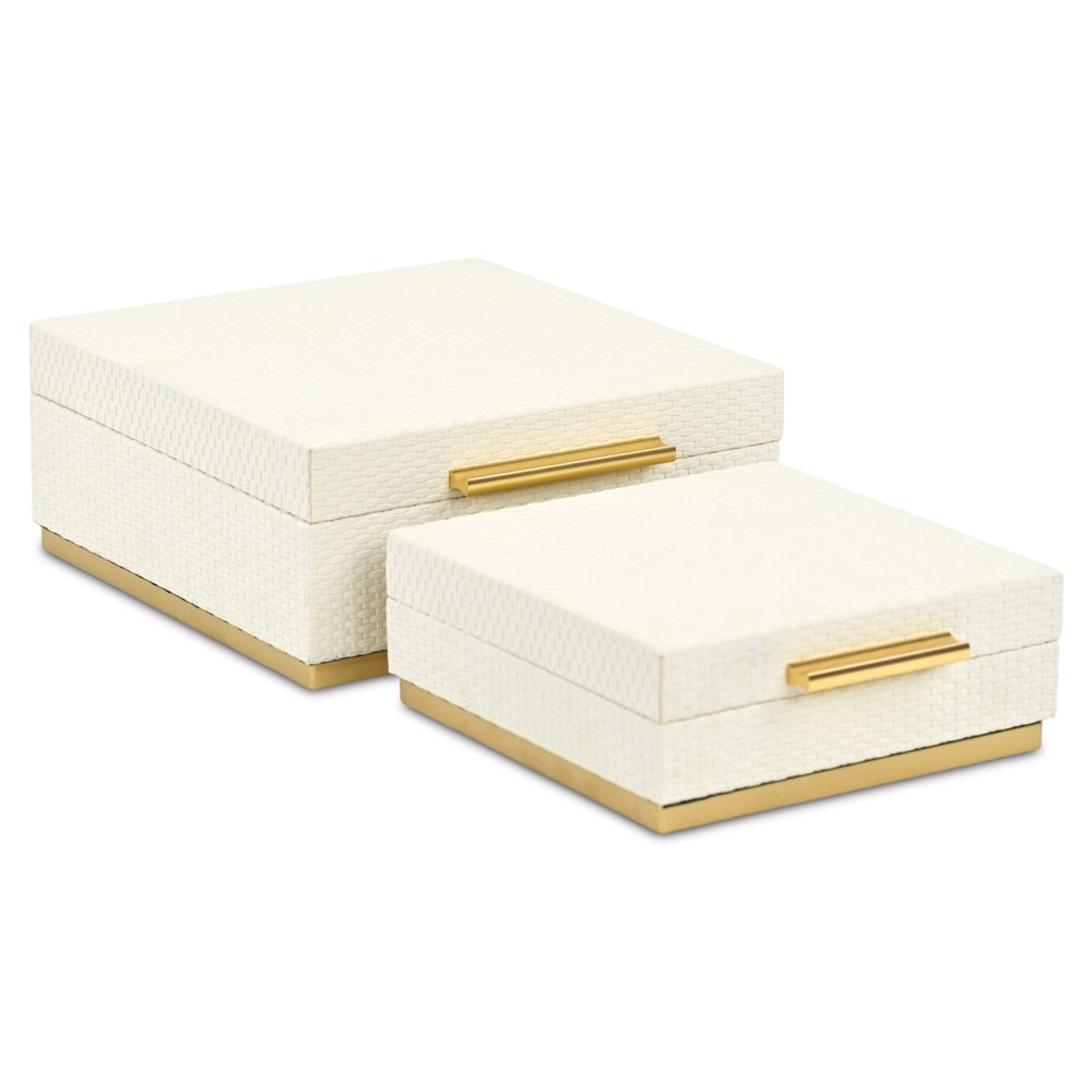Set of Two White And Gold Square Nesting Decorative Storage Boxes With Lids HomeRoots