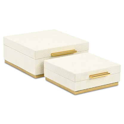 Set of Two White And Gold Square Nesting Decorative Storage Boxes With Lids HomeRoots