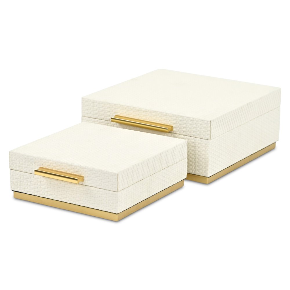 Set of Two White And Gold Square Nesting Decorative Storage Boxes With Lids HomeRoots