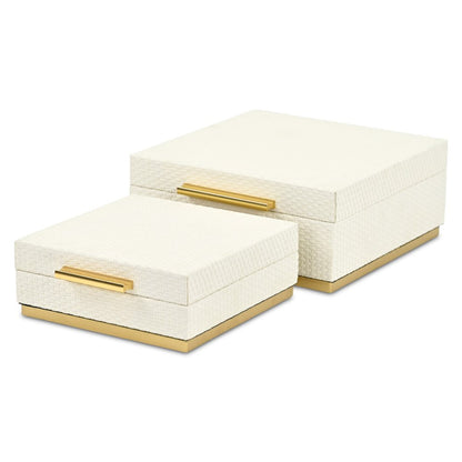 Set of Two White And Gold Square Nesting Decorative Storage Boxes With Lids HomeRoots