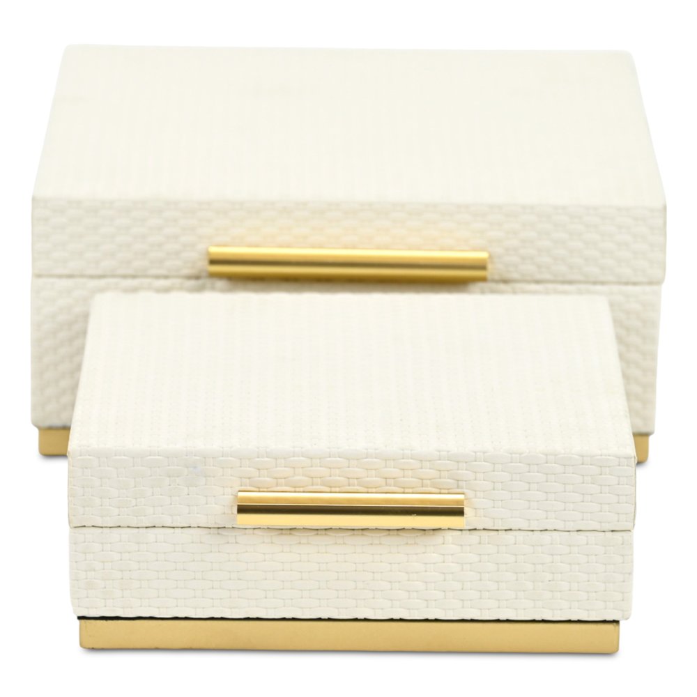 Set of Two White And Gold Square Nesting Decorative Storage Boxes With Lids HomeRoots
