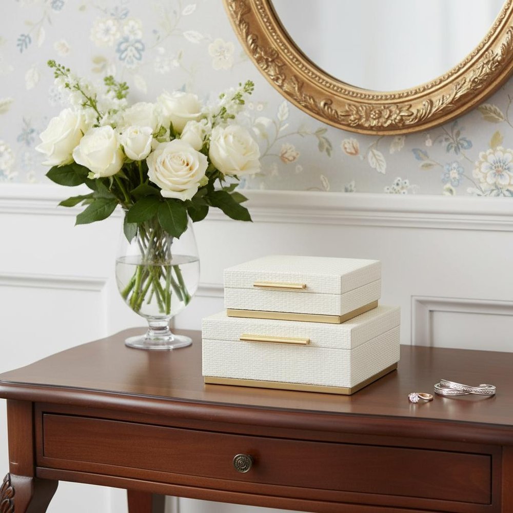 Set of Two White And Gold Square Nesting Decorative Storage Boxes With Lids HomeRoots