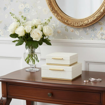 Set of Two White And Gold Square Nesting Decorative Storage Boxes With Lids HomeRoots