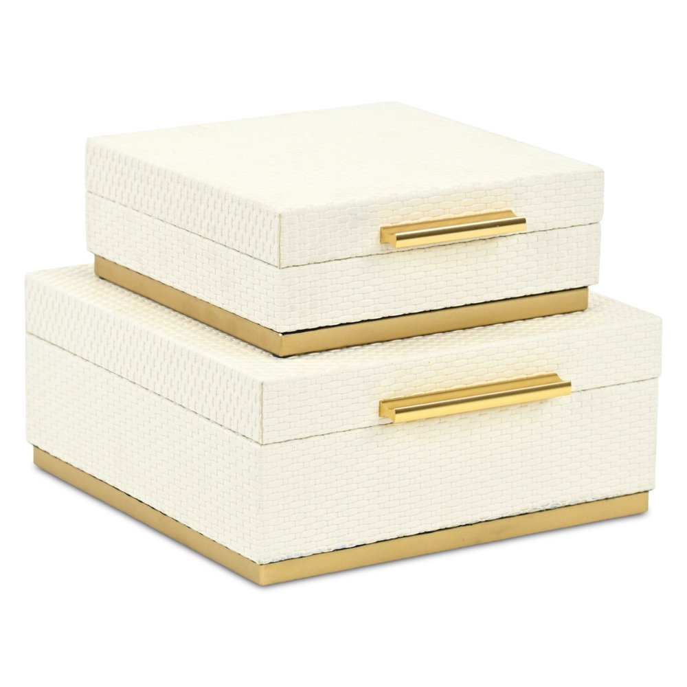 Set of Two White And Gold Square Nesting Decorative Storage Boxes With Lids HomeRoots