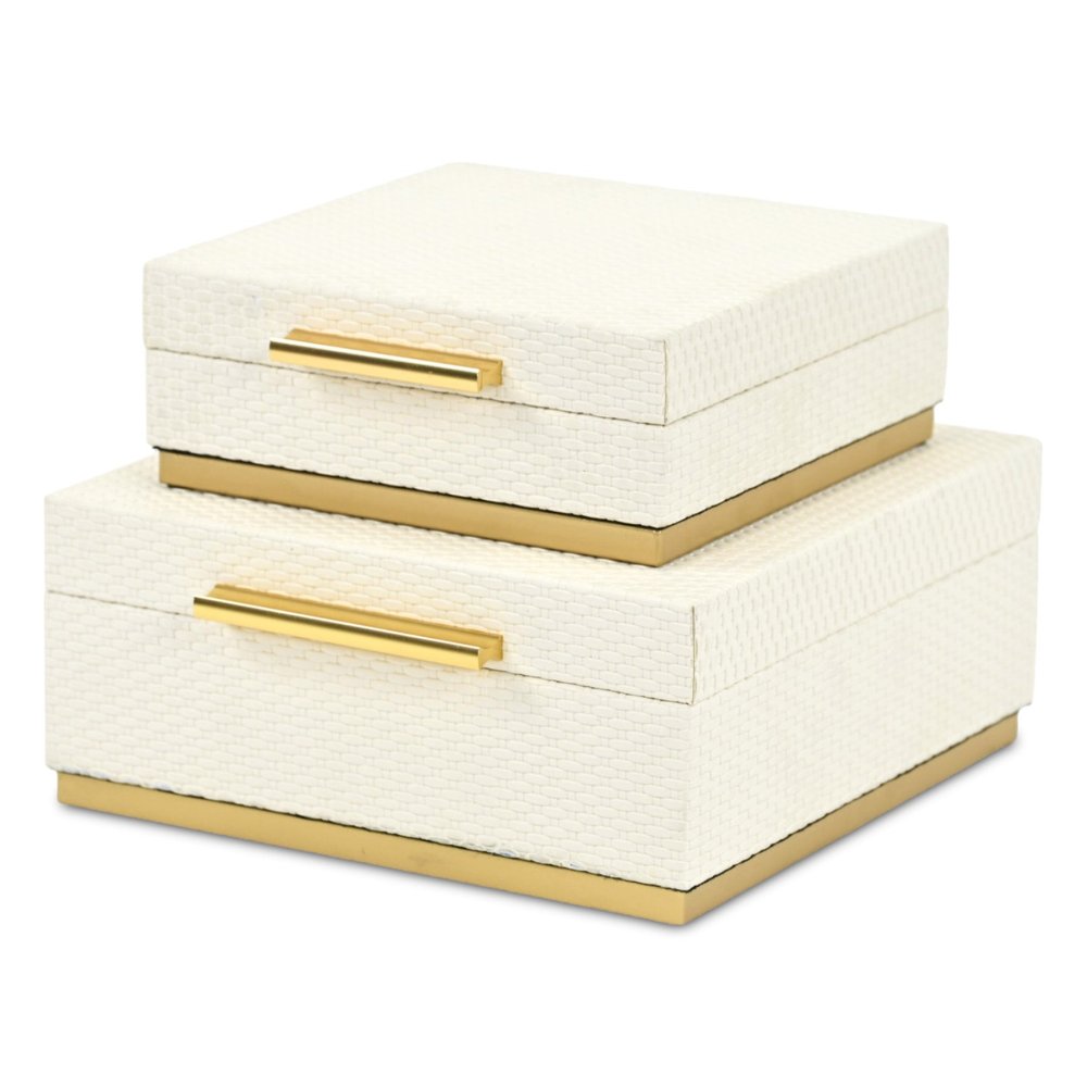 Set of Two White And Gold Square Nesting Decorative Storage Boxes With Lids HomeRoots
