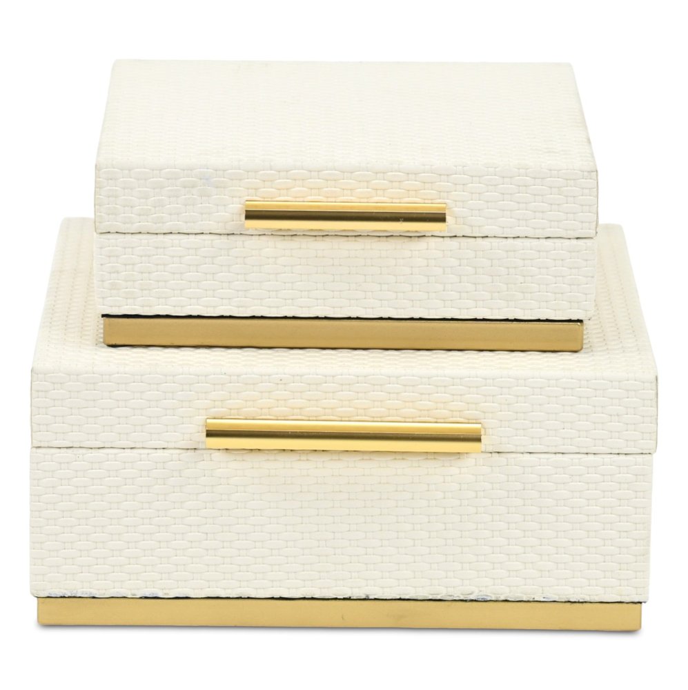 Set of Two White And Gold Square Nesting Decorative Storage Boxes With Lids HomeRoots