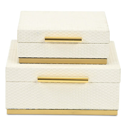 Set of Two White And Gold Square Nesting Decorative Storage Boxes With Lids HomeRoots