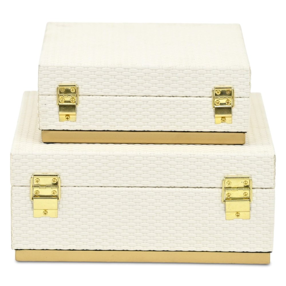Set of Two White And Gold Square Nesting Decorative Storage Boxes With Lids HomeRoots