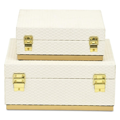 Set of Two White And Gold Square Nesting Decorative Storage Boxes With Lids HomeRoots
