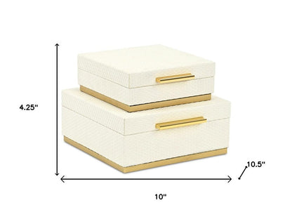 Set of Two White And Gold Square Nesting Decorative Storage Boxes With Lids HomeRoots