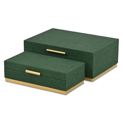 Set of Two Green And Gold Striped Nesting Storage Boxes With Lids HomeRoots