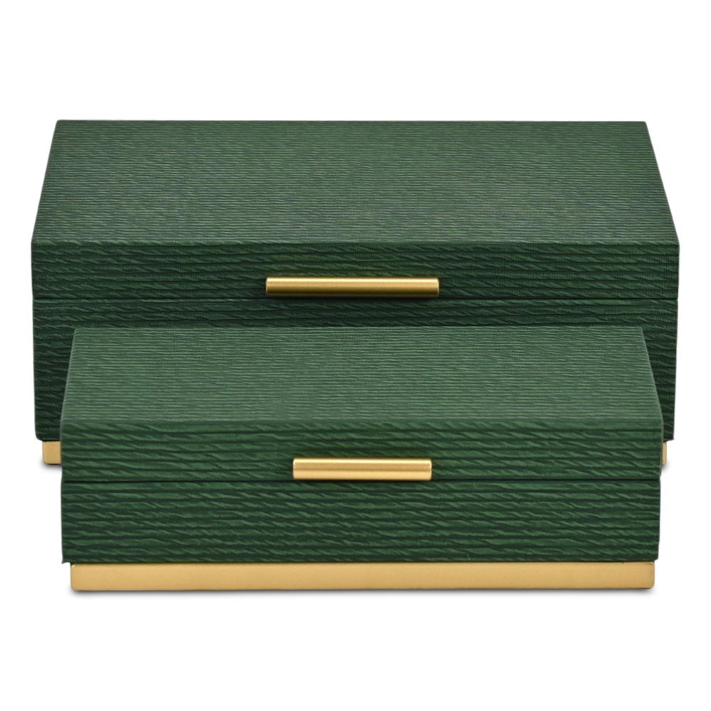 Set of Two Green And Gold Striped Nesting Storage Boxes With Lids HomeRoots