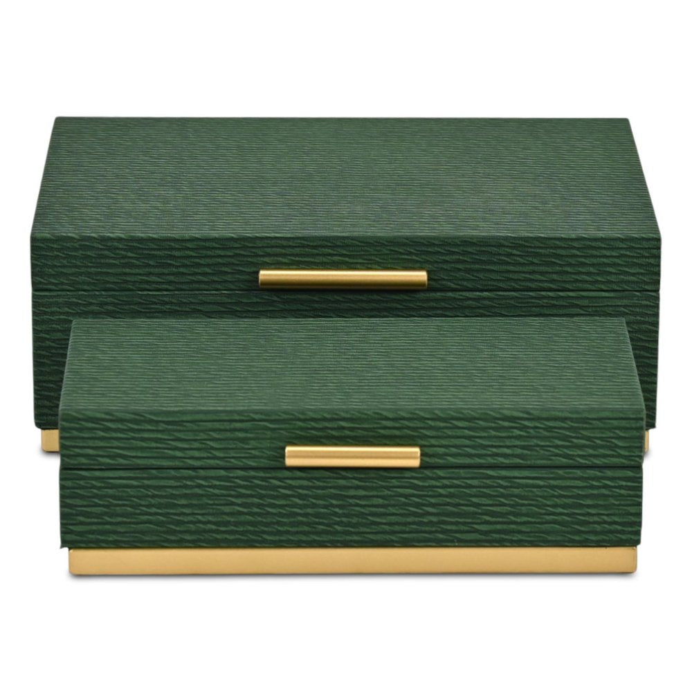 Set of Two Green And Gold Striped Nesting Storage Boxes With Lids HomeRoots